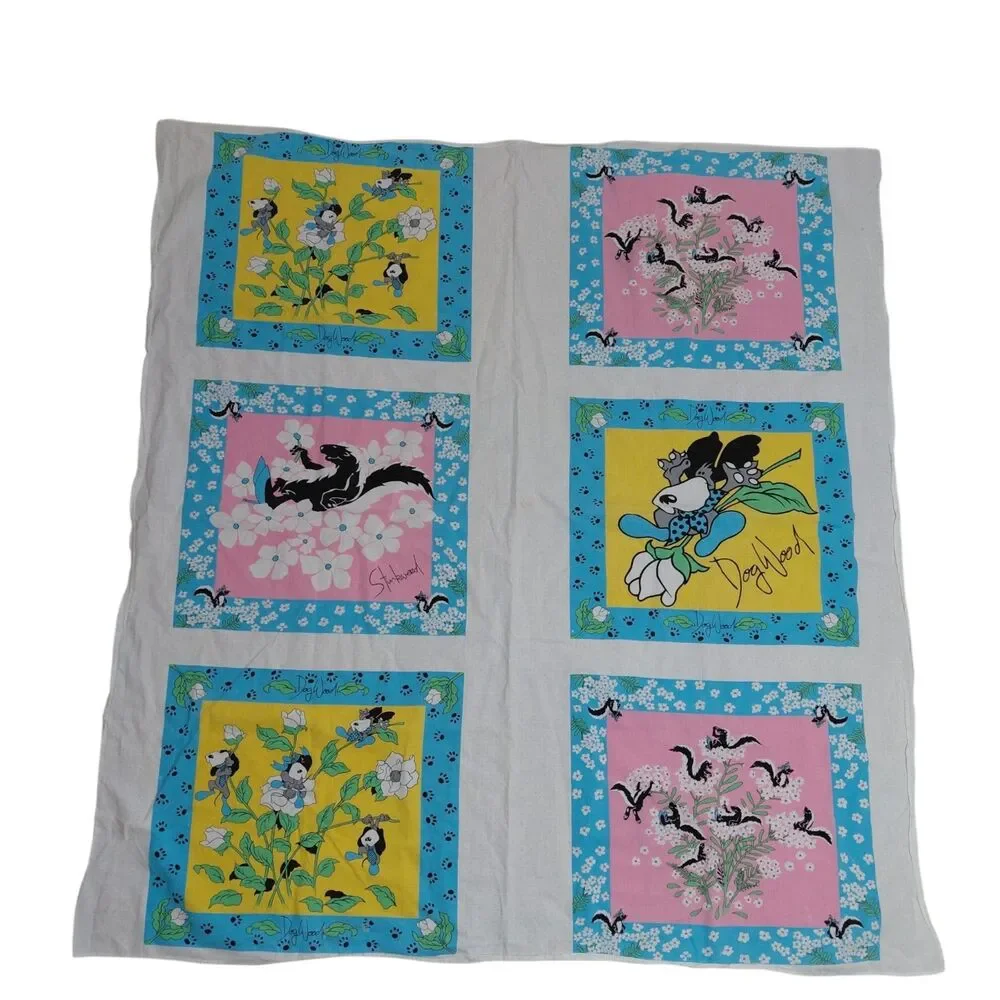 VTG Tablecloth 1960s Kitschy Skunk Dog Cotton Dogwood Stinkweed Pastel Unique